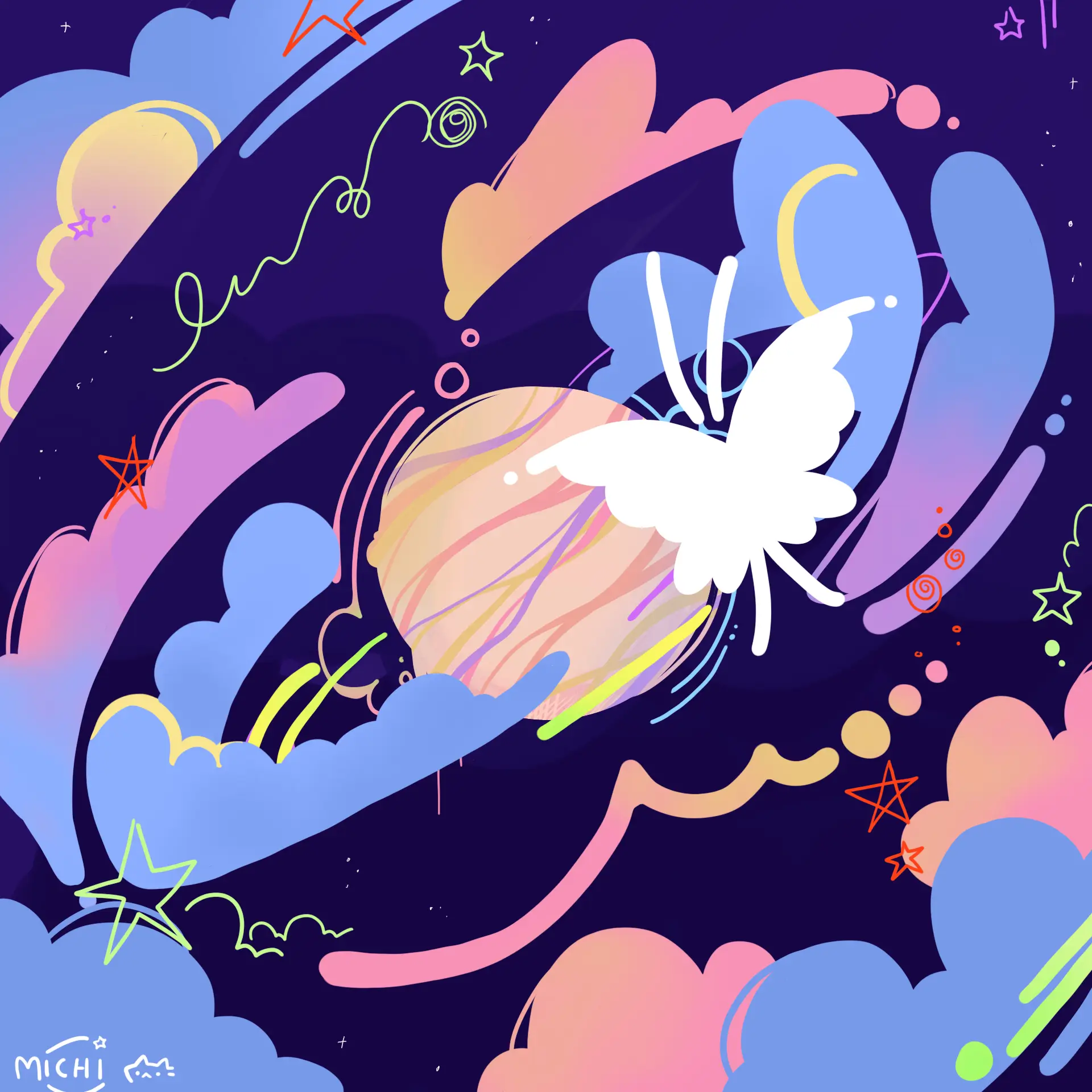 Dibujo de una mariposa posada en los anillos de un planeta.